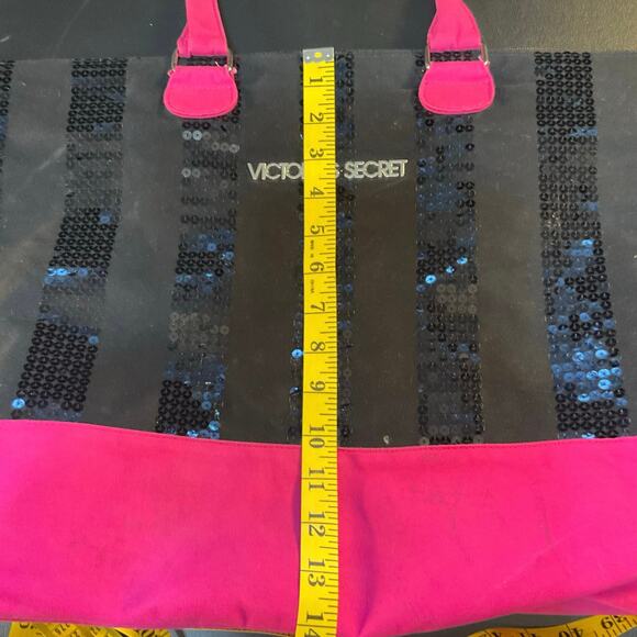 Victoria Secret Pink and Black Sequin Stripe Weekender Shoulder Tote Bag - Picture 5 of 9